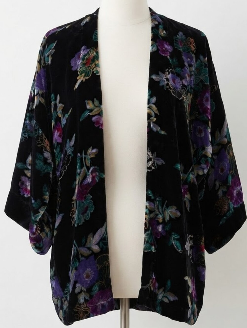 LOFT Black Velvet Floral Open Cardigan with Purple & Teal Flowers Size M/L